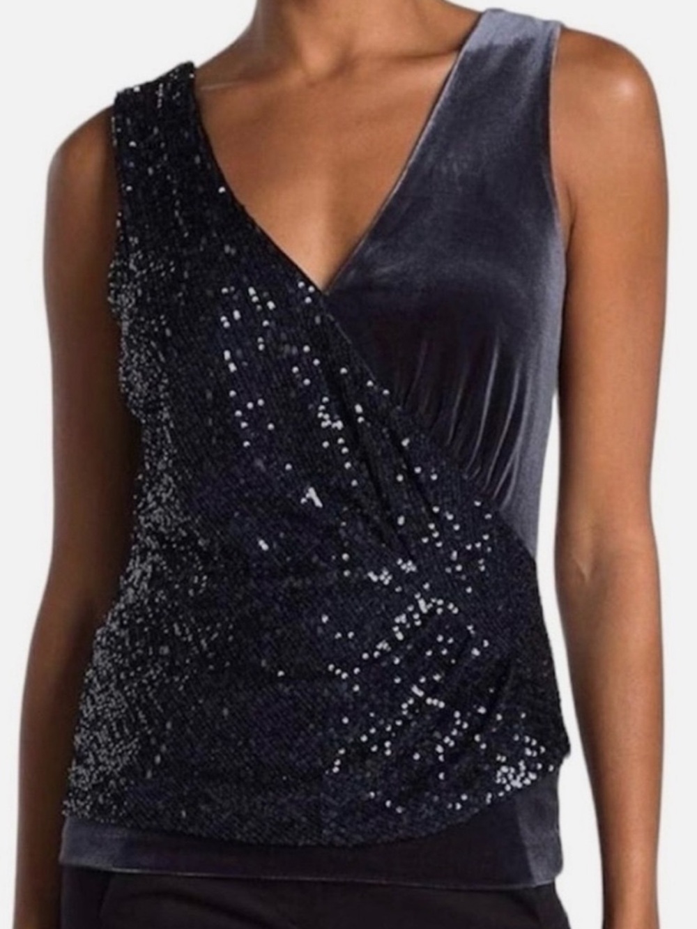 Bailey 44 Eva Sequin & Velvet V-Neck Sleeveless Cocktail Party Blouse, Blue, XL